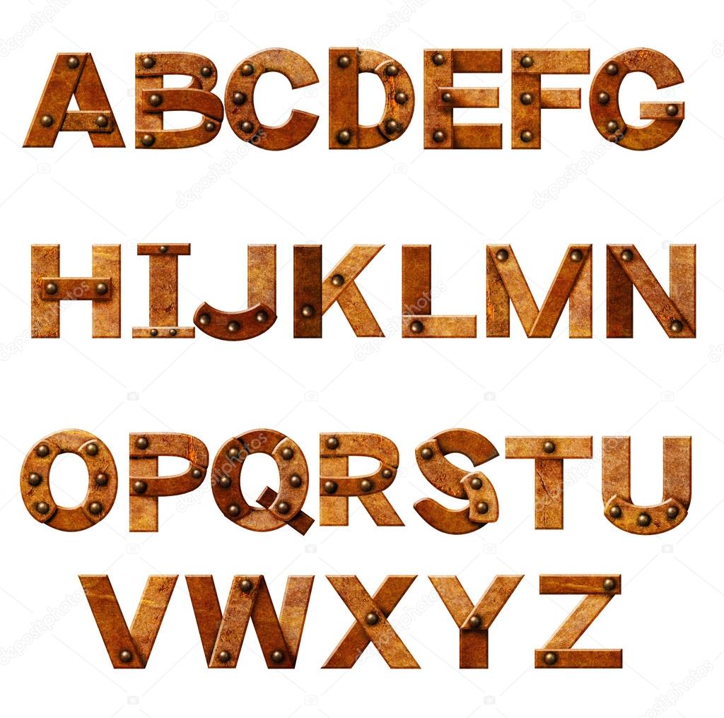 Alphabet - letters from rusty metal with rivets