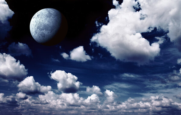 Night fairy tale - bright moon in the night sky