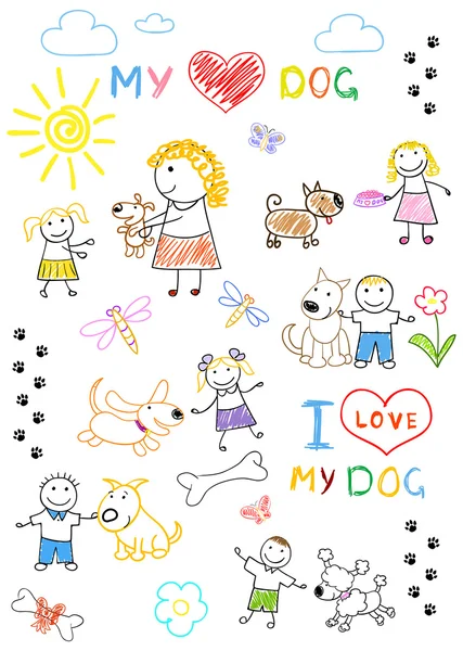 Children and dogs illustration — 图库照片