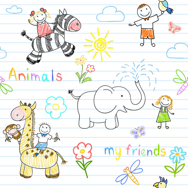 Seamless background with happy children's and animals