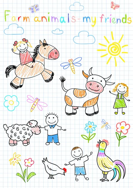 Croquis vectoriels heureux enfants et animaux de ferme — Image vectorielle