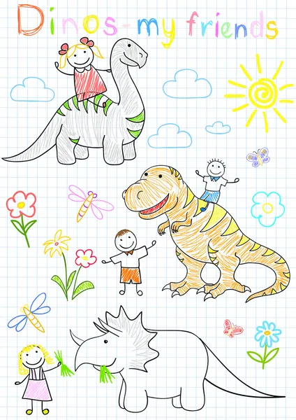 Bocetos vectoriales felices para niños y dinosaurios — Vector de stock