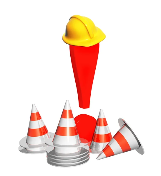 Exclamation mark, road cones and hat — Stock Photo, Image