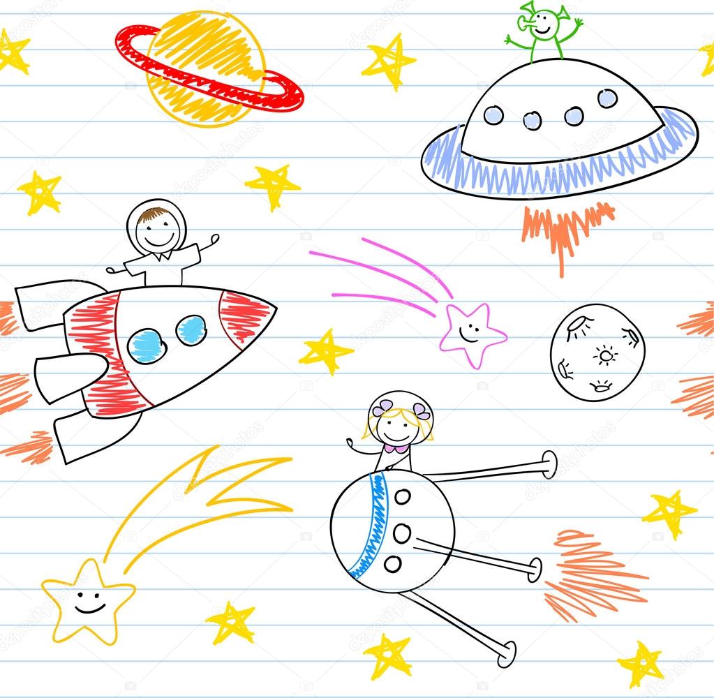 Seamless background with happy children's and aliens — Stock Vector