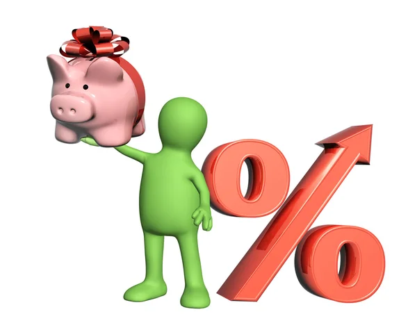 3d puppet with piggy bank and percent symbol — Stock Photo, Image