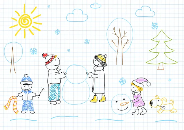 Familia feliz esculpe muñeco de nieve — Vector de stock