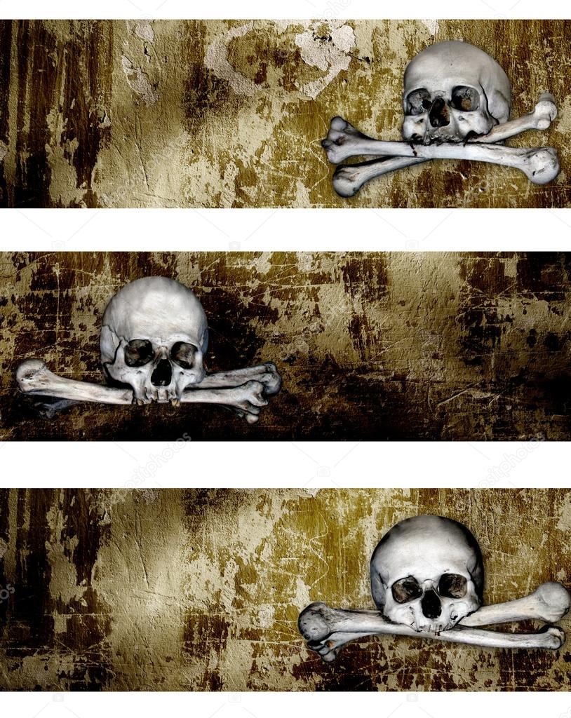 Collection of banners with human skulls and bones