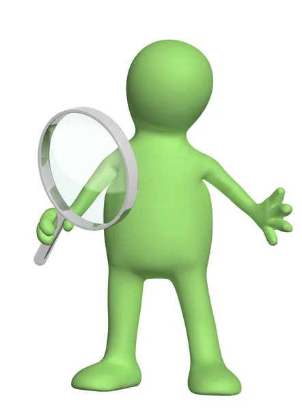 3d puppet with magnifier — Stock Photo, Image