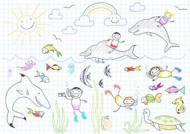Happy children and sea animals clipart