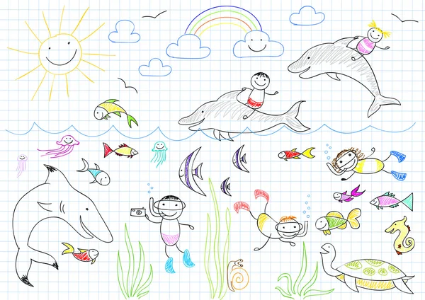 Счастливые дети и морские животные — стоковый вектор
