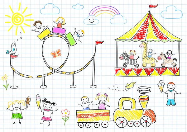 Щасливі діти катаються на каруселі — стоковий вектор