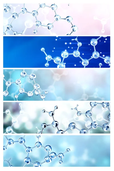 Uppsättning Horisontella Banderoller Med Modeller Abstrakt Molekylär Struktur Blå Bakgrund — Stockfoto
