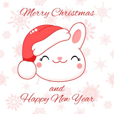 Kawaii tavşanının olduğu kare şeklinde bir Noel kartı. Noel Baba şapkalı şirin beyaz tavşan. Yazı: Mutlu Noeller ve mutlu yıllar. Vektör illüstrasyonu EPS8