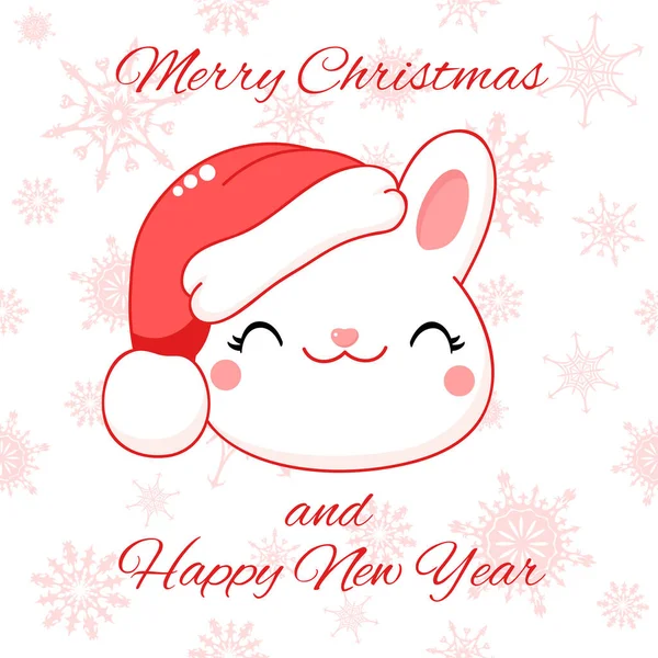 Čtvereční Pozdrav Vánoční Přání Kawaii Bunny Roztomilý Bílý Králík Santově — Stockový vektor