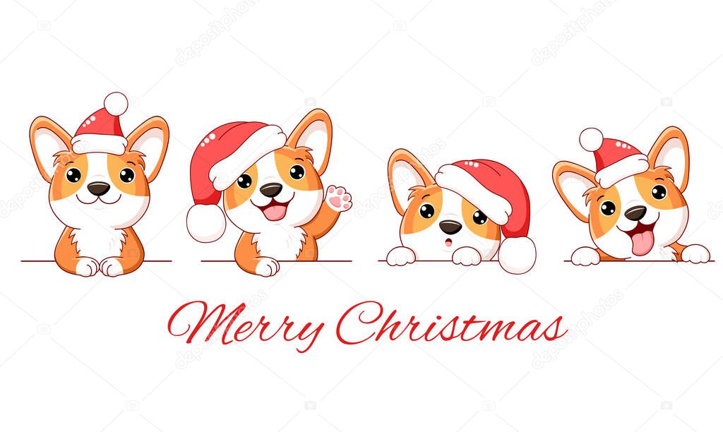 Christmas set of borders with kawaii welsh corgi puppy
