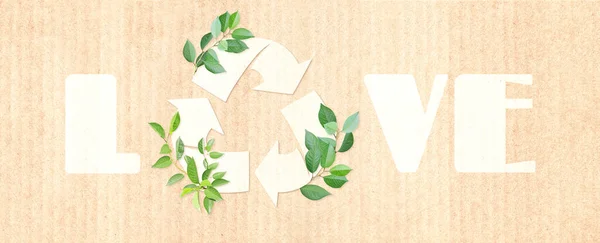 Les Flèches Recyclent Symbole Les Feuilles Vertes Sur Texture Carton — Photo