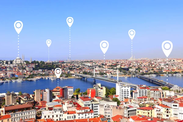Network Connection Concept Aerial View Istanbul Location Pin Global Positioning — Stock Photo, Image