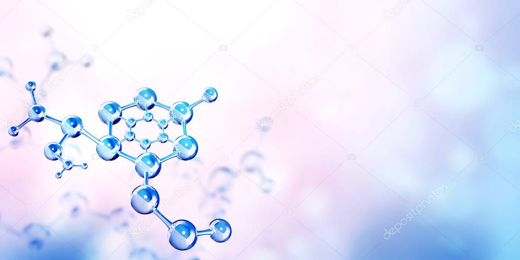 Horizontal banner with models of abstract molecular structure. Isolated on white background. Copy space for your text. 3d render