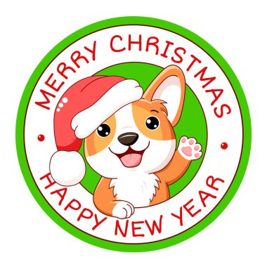 Mutlu Noeller yuvarlak vektör etiketi. Tatil damgası, kart, şirin Corgi etiketi. 