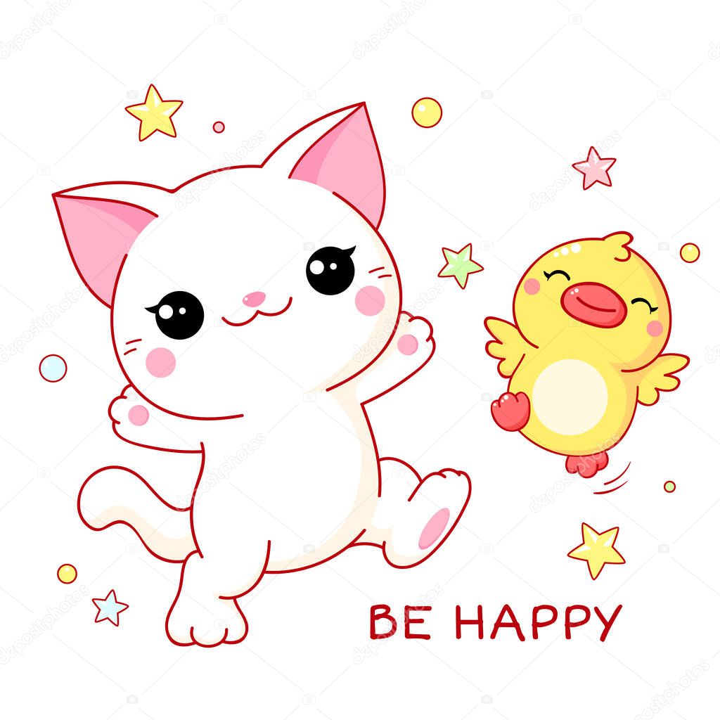 Square greeting card with kawaii cat and duckling. Two cute friends kitten and duck have fun and rejoice. Inscription Be Happy. Vector illustration EPS8