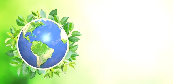 3D地球行星和绿叶 在朦胧的绿色背景上 零废物概念 回收的纸箱材料 美国航天局提供的这一图像的要素 — 图库照片