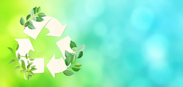 Ecology Zero Waste Concept Arrows Recycle Symbol Green Leaves Blurred — Stock Photo, Image