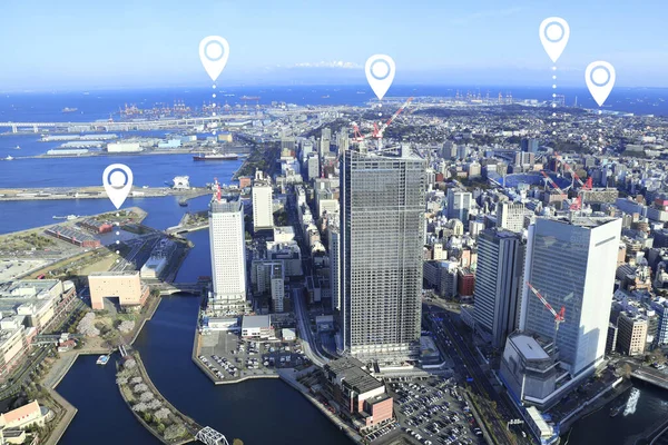 Netwerkaansluitingsconcept Luchtfoto Yokohama Stad Met Locatie Pin Wereldwijd Positioneringssysteem Pin — Stockfoto