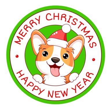 Mutlu Noeller yuvarlak vektör etiketi. Tatil damgası, kart, şirin Corgi etiketi. 