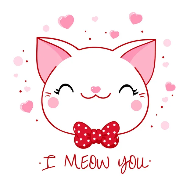 Bonito Cartão Valentine Estilo Kawaii Gato Encantador Com Arco Corações — Vetor de Stock