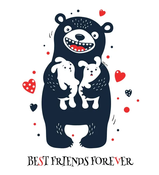 Melhores Amigos Para Sempre Engraçado Urso Louco Abraçando Coelhos Assustados — Vetor de Stock