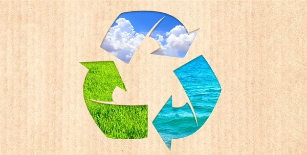Pijlen Recyclen Symbool Karton Textuur Horizontale Banner Met Eco Papieren — Stockfoto
