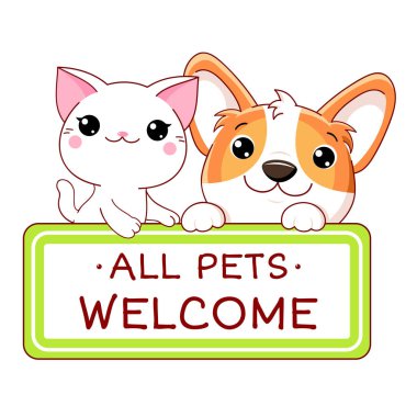 Hayvan dostu vektör etiketli Kawaii corgi puppy ve Kitty
