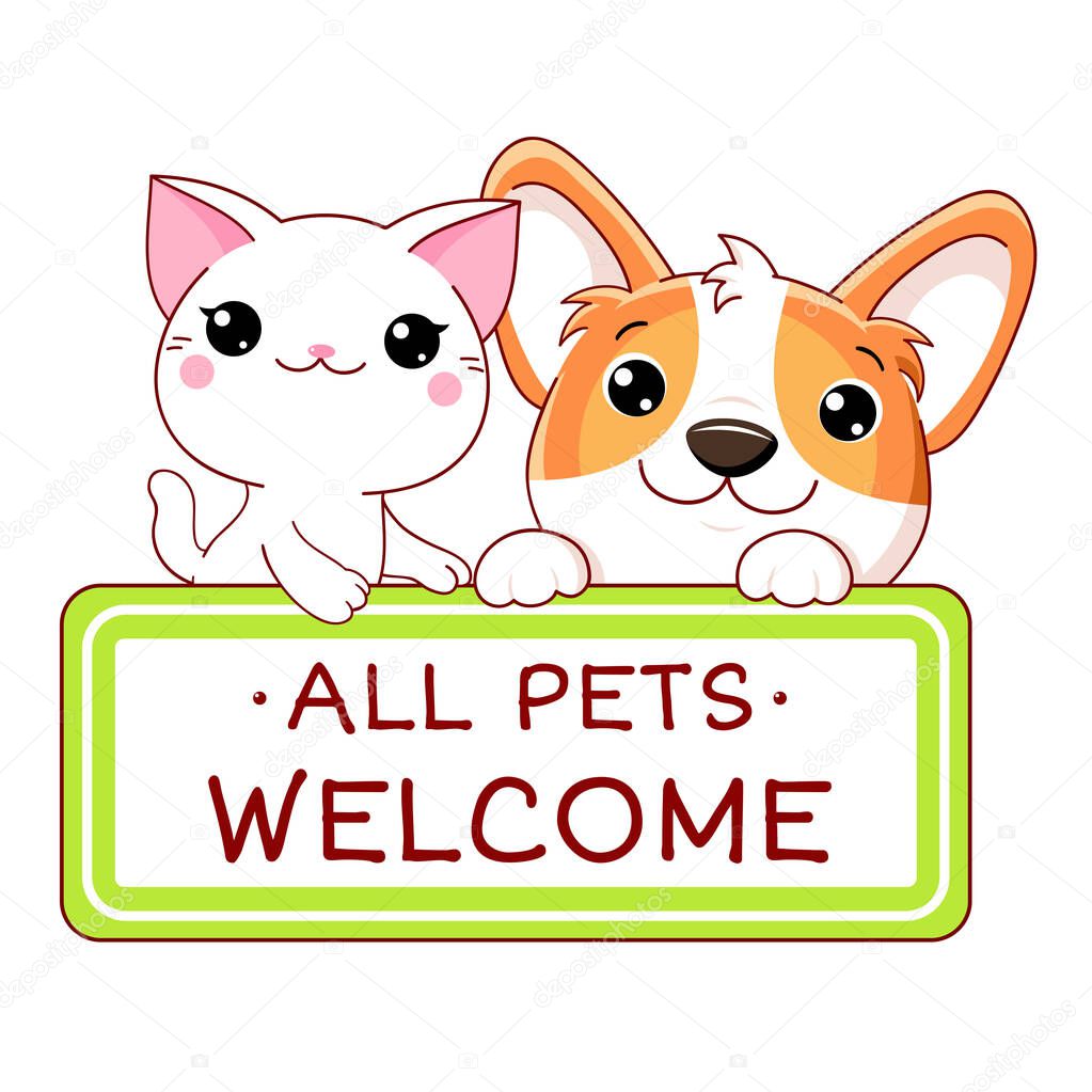 Kawaii corgi puppy and kitty with pet friendly vector label