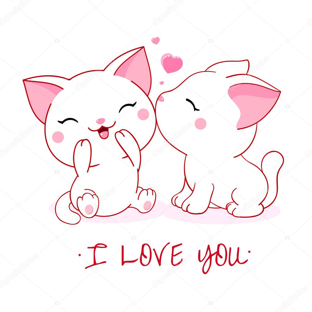 Cute Valentine card in kawaii style. Two lovely cats with big pink heart. Inscription I love you. Can be used for t-shirt print, stickers, greeting card design. Vector illustration EPS8