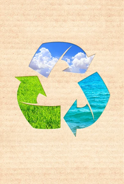 Pijlen Recyclen Symbool Karton Textuur Verticale Banner Met Eco Papieren — Stockfoto