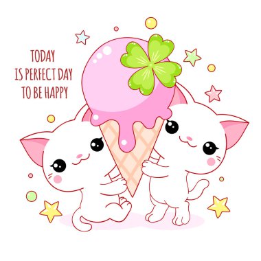Cute yummy card in kawaii style. Two lovely cats with ice cream clipart