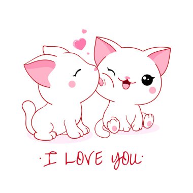 Kawaii tarzında şirin bir sevgililer günü kartı. Büyük pembe kalbi olan iki sevimli kedi