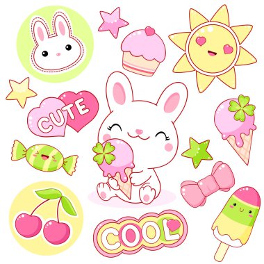 Kawaii stili şirin çıkartmalar seti. Dondurmalı güzel beyaz tavşan