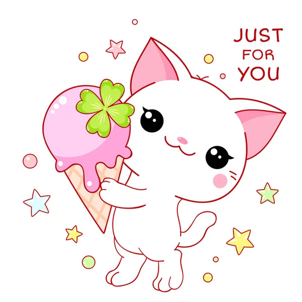 Cute Yummy Card Kawaii Style Lovely Cat Ice Cream — Stock Vector