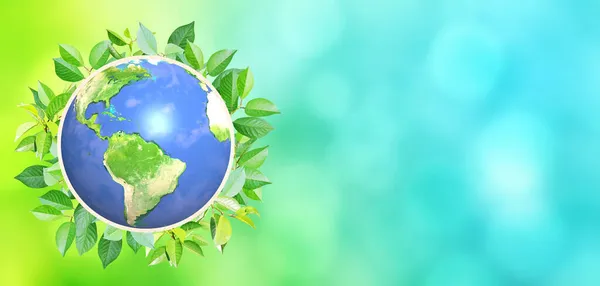 3d Earth planet and green leaves. On blurred sunny background of green and blue colors. Eco, bio, zero waste concept. Recycled carton material. Elements of this image furnished by NASA
