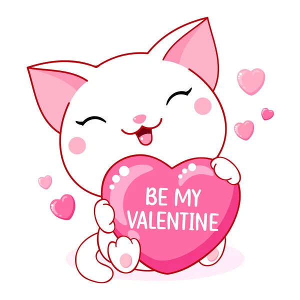 Bonito Cartão Valentine Estilo Kawaii Pequeno Gato Branco Com Grande —  Vetores de Stock