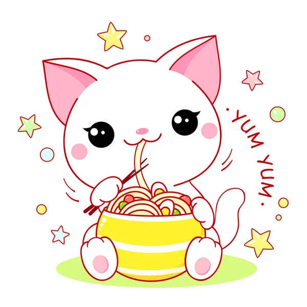 可愛い白い猫がラーメンを食べます かわいい子猫ちゃんは喜んで麺を食べます — ストックベクタ