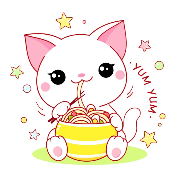 Lindo Gato Blanco Come Fideos Ramen Kawaii Gatito Son Felices — Vector de stock