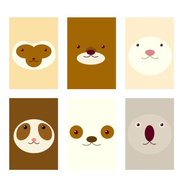 Sevimli hayvanların yüzlerine sahip avatar simgeleri koleksiyonu - ayı, maymun, koala, lemur, panda. Vektör simgeleri düz biçimde ayarlandı. EPS8