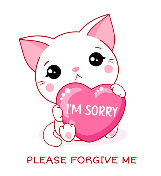 Apologize Card Sad Little Kitten Pink Heart Inscription Sorry Please — Stock Vector