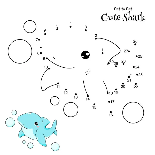 Connect Dots Draw Cute Shark Dot Dot Puzzle Cartoon Little — Stock Vector