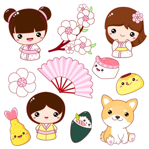 Set Cute Icons Kawaii Style Japanese Toy Kokeshi Doll Akita — Stock Vector