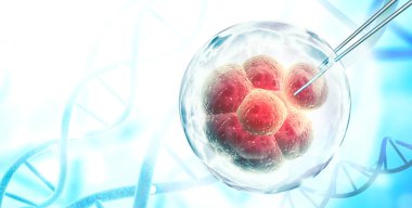 Genetik mühendisliği, GDO ve gen manipülasyonu kavramı. Genetik mühendisliği alanında Hi Tech teknolojisi. Hücresel Terapi. Metin için kopyalama alanı olan yatay afiş. 3d hazırlayıcı