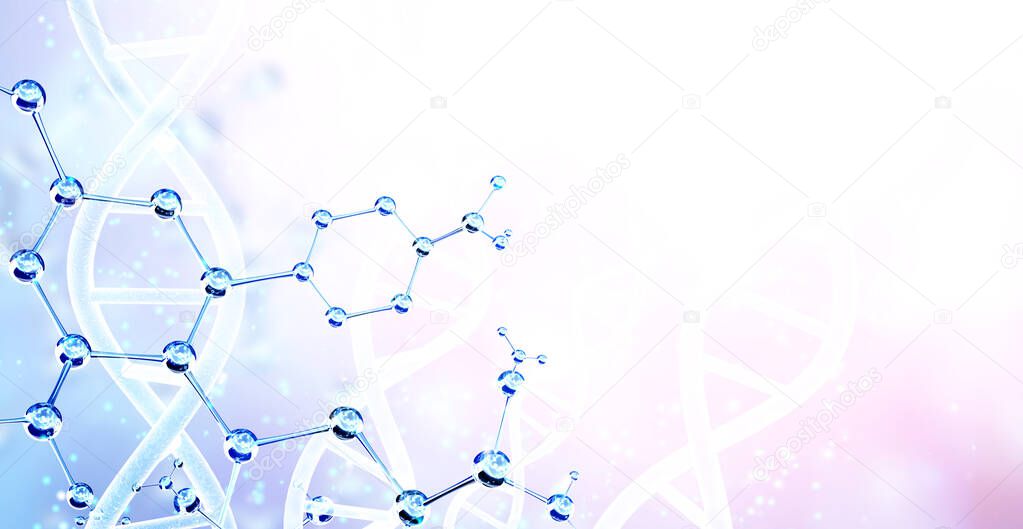 Horizontal banner with abstract molecular structure, DNA and copy space for text. Genetic engineering, GMO, gene manipulation concept. Hi Tech technology in field of genetic engineering. 3d render