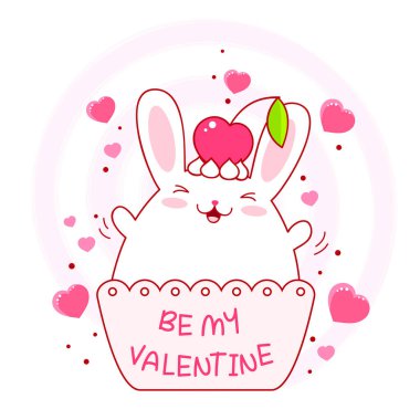 Komik şişman tavşanlı sevgililer günü kartı. Mutlu ve neşeli beyaz tavşanlı tebrik kartı.